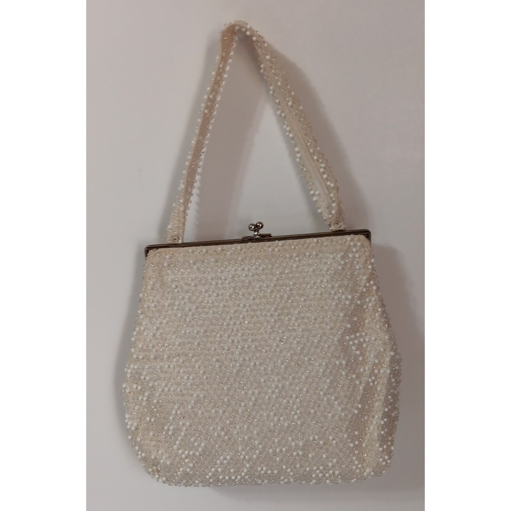 Vintage Beaded Purse Bag Cream White Kiss Lock Clasp Bridal‎ Formal Evening READ